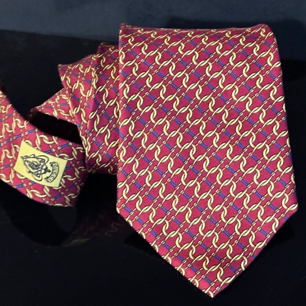 Gucci Logo Silk Tie Silver Red Gold Chain Plaid Chains Euc Mint Mens Man's Gift